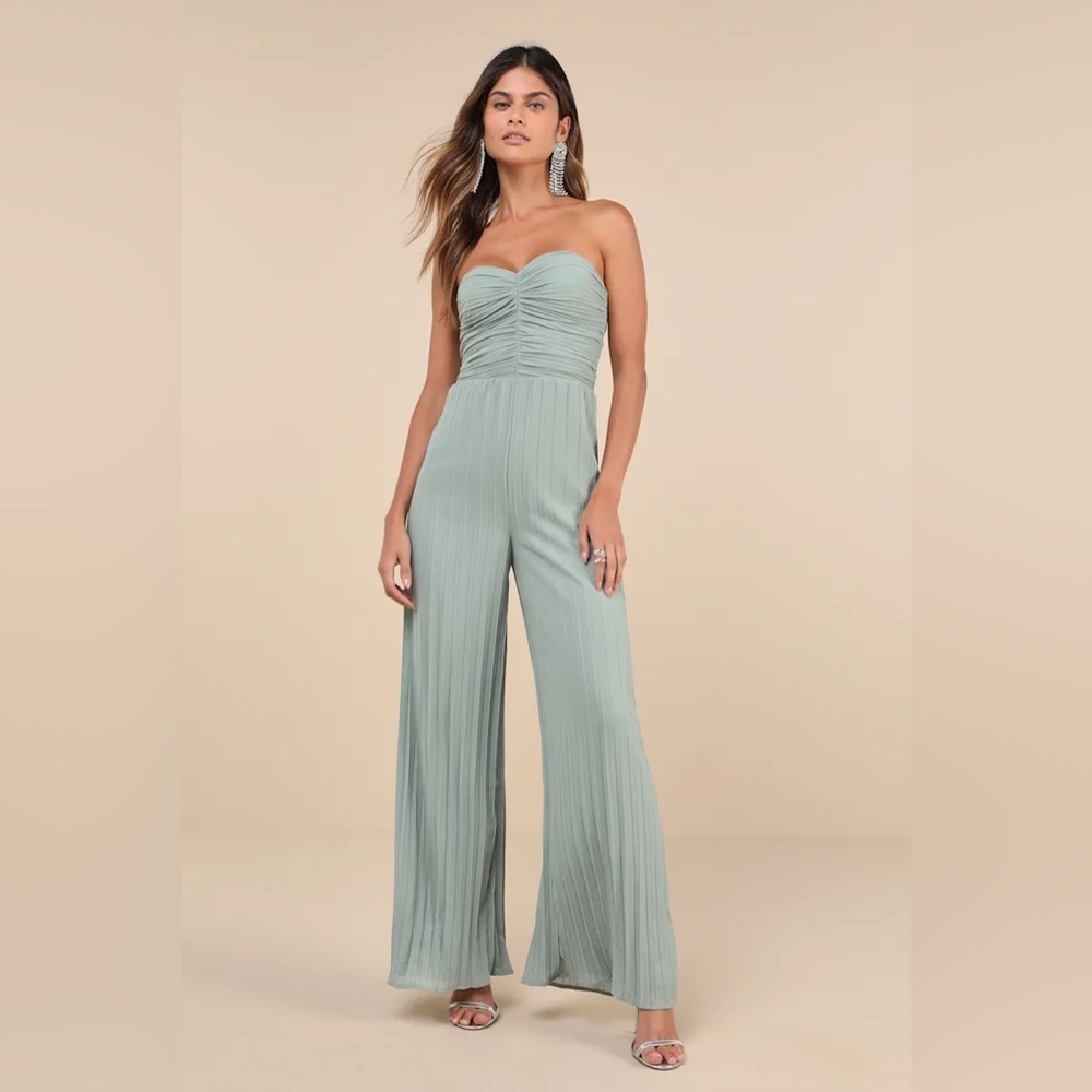 Lulus Certainly Charming Sage Pleated Strapless Wide-Leg Jumpsuit